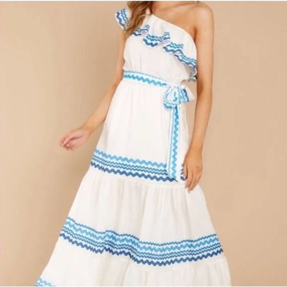 Flying Tomato Sz M One Shoulder Ruffle Tiered Sun Maxi Dress Ric Rac Blue Ivory - Picture 1 of 9